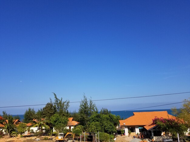 Houses and trees against clear blue sky