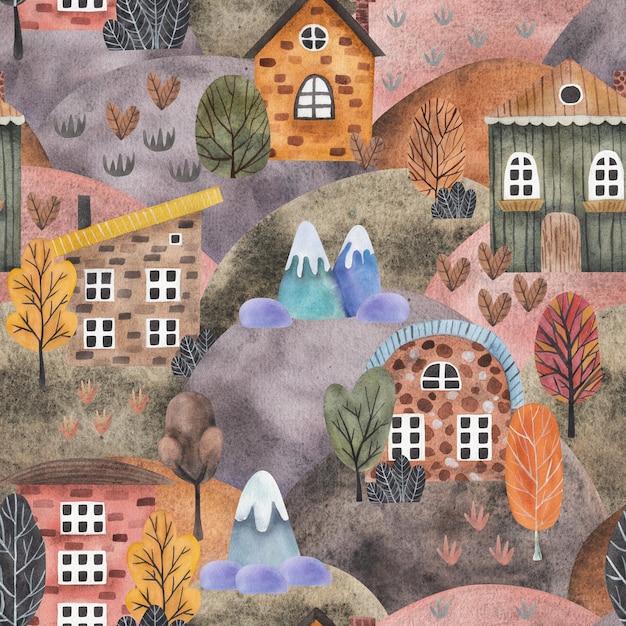 Houses trees mountains bushes and hills in hand drawn cartoon style Watercolor seamless pattern