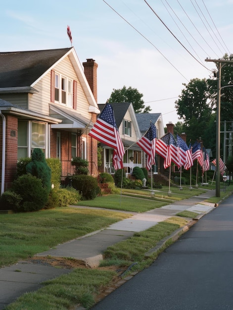 Photo houses with american flags in a row along the street memorial day