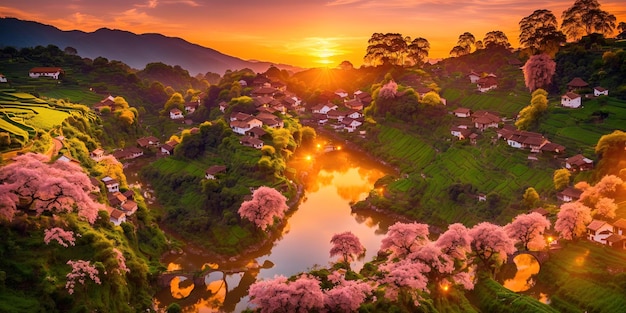 Houses with flowering trees and a river in the mountains at sunset dawn