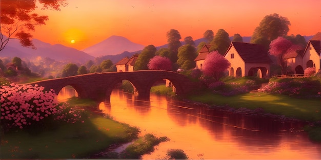 Houses with flowering trees and a river in the mountains at sunset dawn