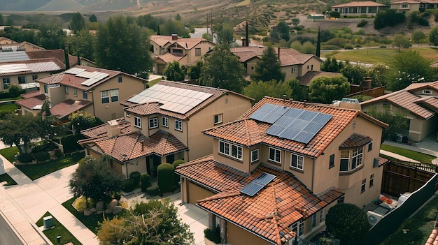 지붕 에 태양 패널 이 있는 집 들 - 지속 가능 한 생활 의 비전