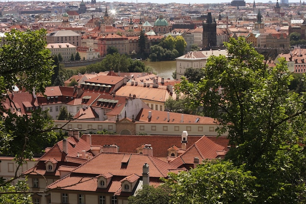 Houses with traditional red roofs in Prague Old Town Square in the Czech Republic