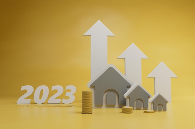 後ろに白い矢印のある家 2023年の不動産価格 2023年. 2023年の非住宅価格の上昇.