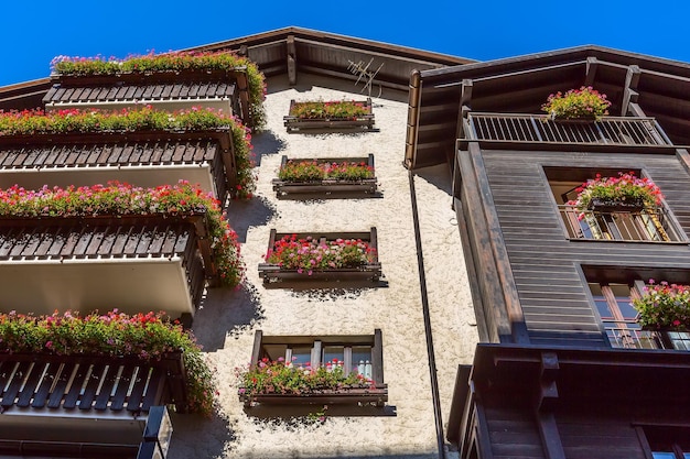 Houses in Zermatt alpine village Switzerland