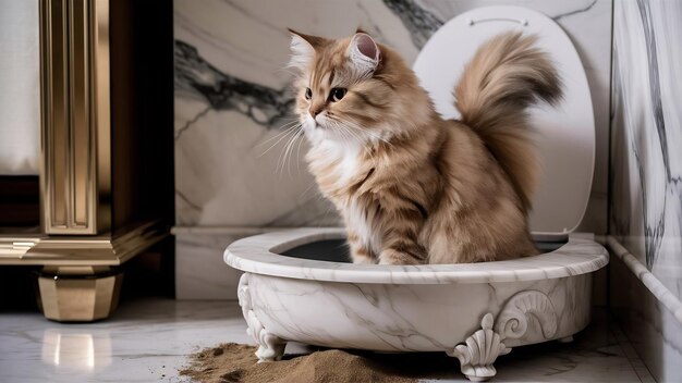 Photo housetrained cat sitting in cat toilet or litter box