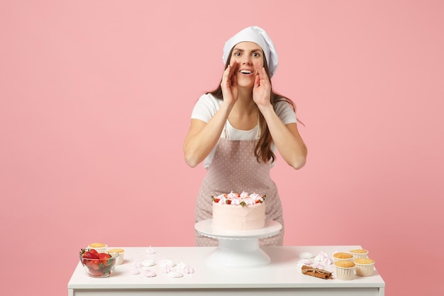 Housewife female chef cook confectioner or baker in apron white t-shirt, toque chefs hat cooking cake or cupcake at table isolated on pink pastel background in studio. Mock up copy space food concept.