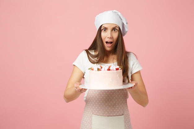 Шеф-повар-домохозяйка готовит кондитера или пекаря в белой футболке с фартуком, шляпа шеф-повара держит в руке торт на подставке, изолированной на розовом пастельном фоне в студии. Скопируйте концепцию космической еды.