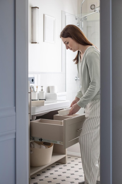 Руки домохозяйки кладут свернутое полотенце в ящик под раковиной, организуя место для хранения в ванной комнате