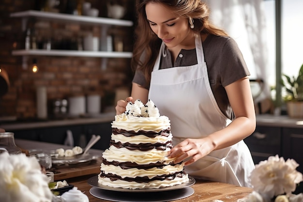 A housewife putting sweet cream on a fresh cake AI