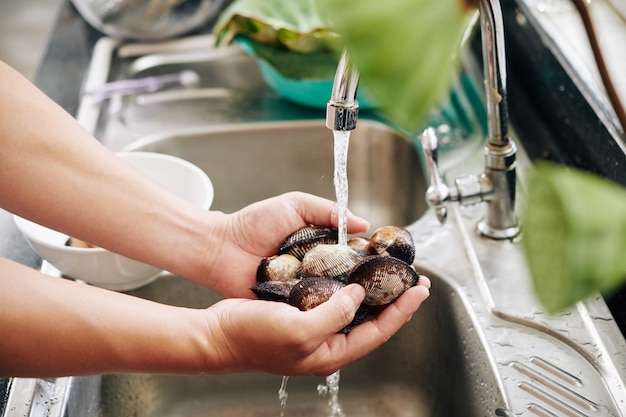 Housewife rinsing mollusc shells