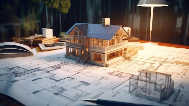 Photo a housing construction project within the real estate domain detailed residential building plans neatly arranged on an architect engineer's office desk ample copy space against a background