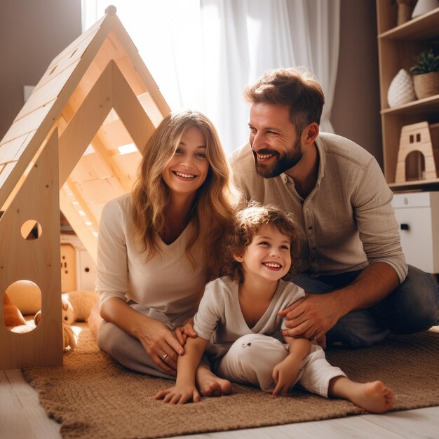 Foto alloggio e trasferimento famiglia felice madre padre e figli con un tetto a casa generativo ai