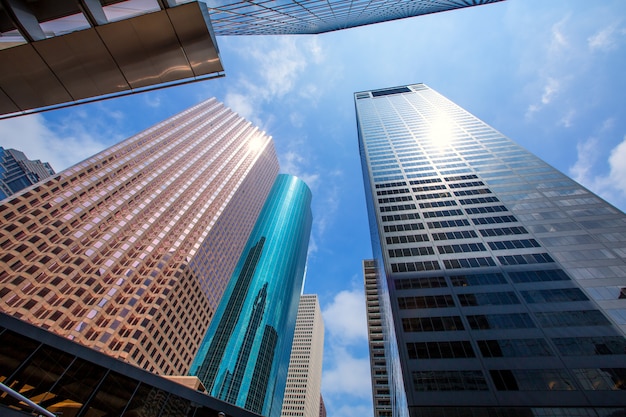 Houston downtown skyscrapers disctict blue sky mirror