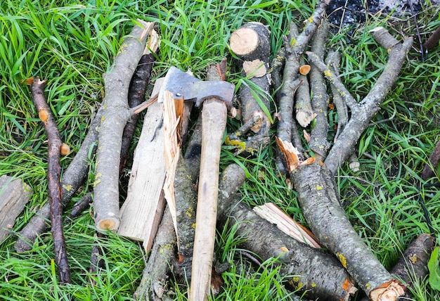 Hout met oude bijl liggend op het gras. Buitenactiviteit voor picknick barbecue in de natuur.