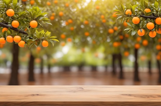 hout tafel op vage oranje boom achtergrond