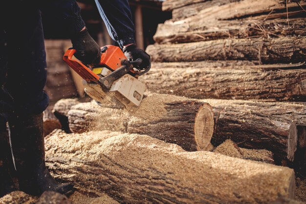 Hout zagen met kettingzaag in de achtertuin, houthakker werk beroep.