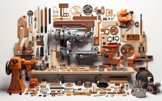 Houtbewerkingshulpmiddelen en componenten geïsoleerd op een witte achtergrond Generatieve AI