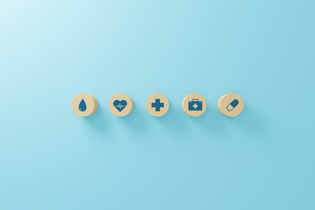 Houtblok met pictogram medische zorgverzekering voor uw gezondheidsconcept 3d render illustratie