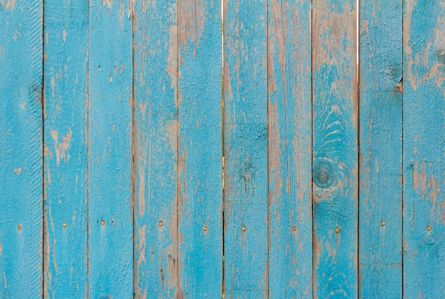 Houten achtergrond. Een oude blauwe houten hek van geschilderde planken met scheuren en spijkers.