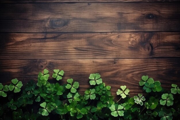 Foto houten achtergrond met klaverbladeren die de toon geven voor de st patrick's festiviteiten kopieer ruimte met tekst generatieve ai