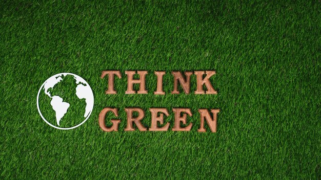 Houten alfabet gerangschikt in ecologische bewustmakingscampagne met ECO-pictogramontwerp op biofilie groen gras achtergrond om milieubescherming te bevorderen voor een groenere en duurzame toekomst Gyre