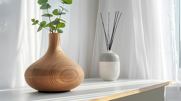 houten Aroma lamp op witte houten tafel in een witte kamer