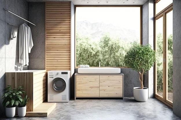 Houten badkamer met een wasmachine, een betonnen vloer, een gootsteen en een ingemaakte boom