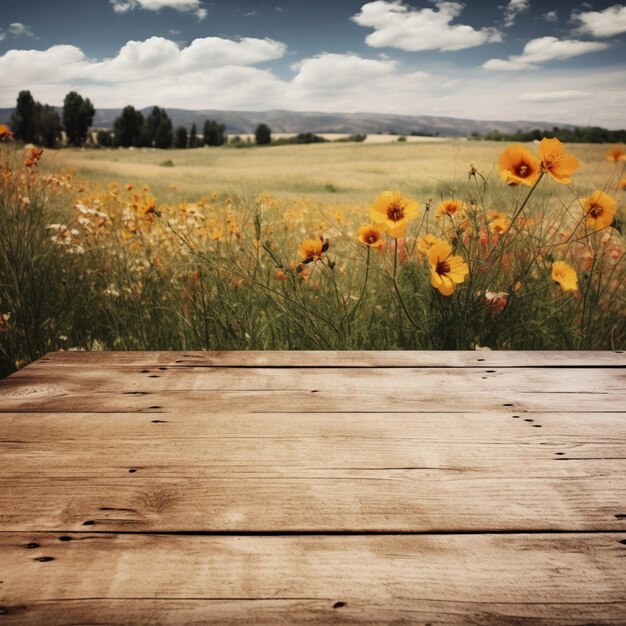 Foto houten bank met landschap op de achtergrond