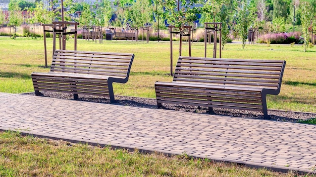 Houten banken in het stadspark