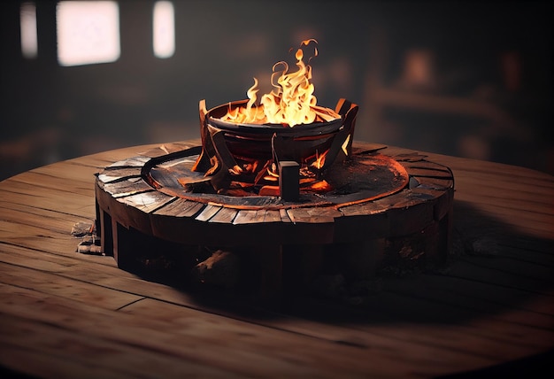 Houten barbecue grill met brandend vuur en kolen's nachtsgeneratieve ai