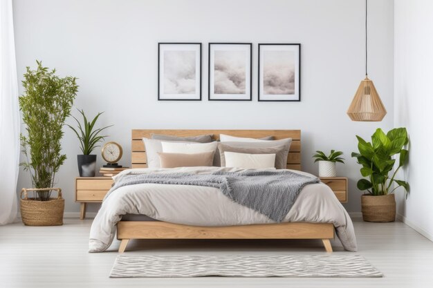 Foto houten bed met grijs beddengoed in licht scandinavisch interieurontwerp van een moderne slaapkamer