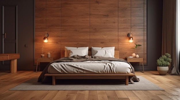 Houten bed met wandlamp in een vintagemoderne slaapkamer met parketvloer en Generative AI