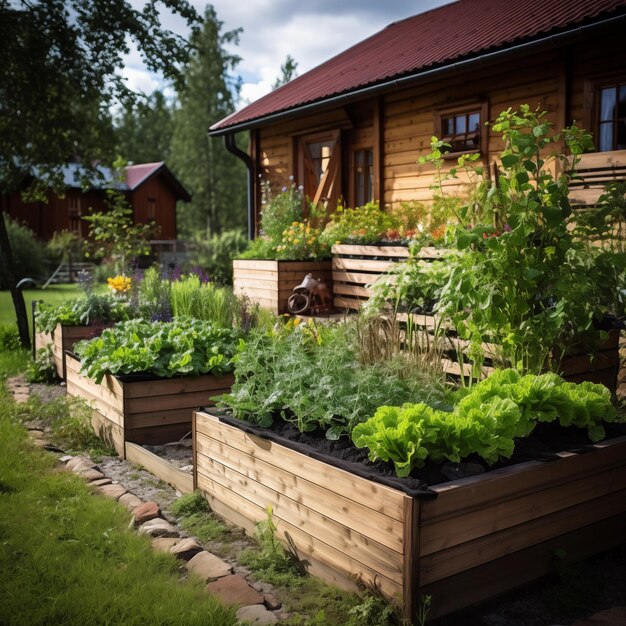 Houten bedden in moderne tuinen, planten, kruiden, specerijen, groenten, generatieve AI.