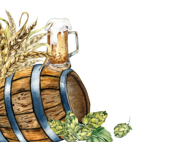 Houten biervat en hop wijnstok tarwe oor aquarel illustratie geïsoleerd op wit