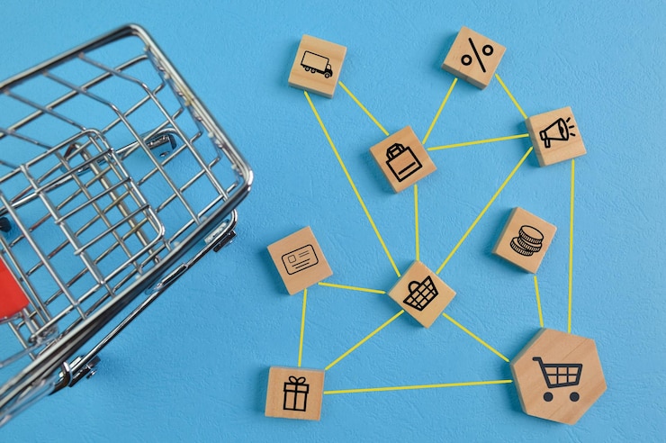Foto houten blok met e-commerce concept online winkelen levering en betalingsmethoden concept
