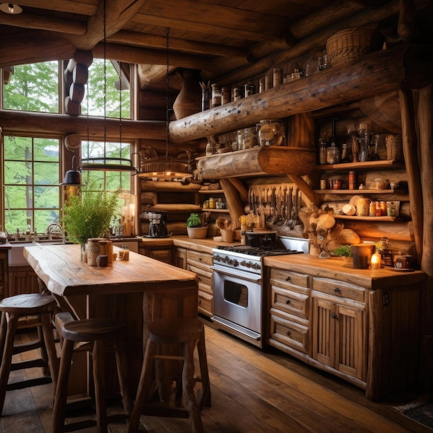 Houten blokhutkeuken met houten meubilair