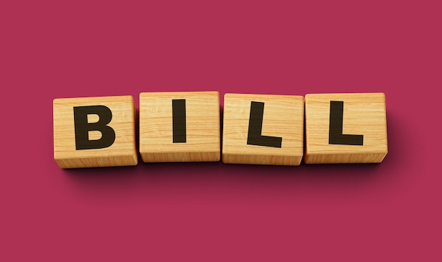 Houten blokken Bill woord concept geïsoleerde achtergrond 3d illustratie