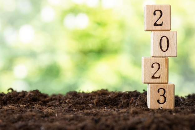 Houten blokken liggen op een houten tafel tegen de achtergrond van een zomertuin en creëren het woord 2023