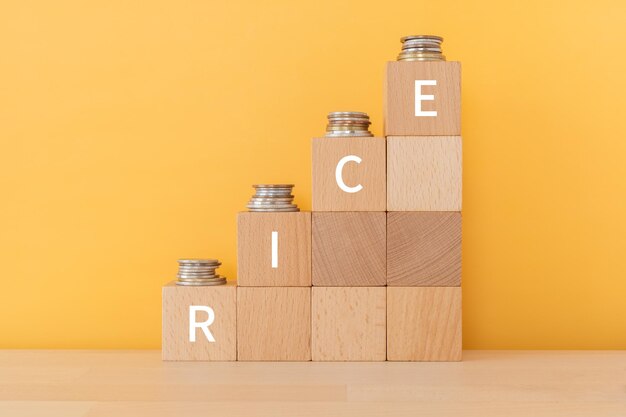 Foto houten blokken met rice-tekst van concept en munten.