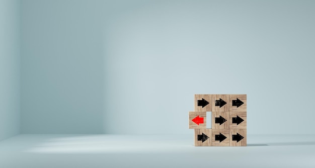 Houten blokken met rode pijlen tegenover zwarte pijlen uniek verschillend denkend individu en onderscheiden zich van het menigte-concept
