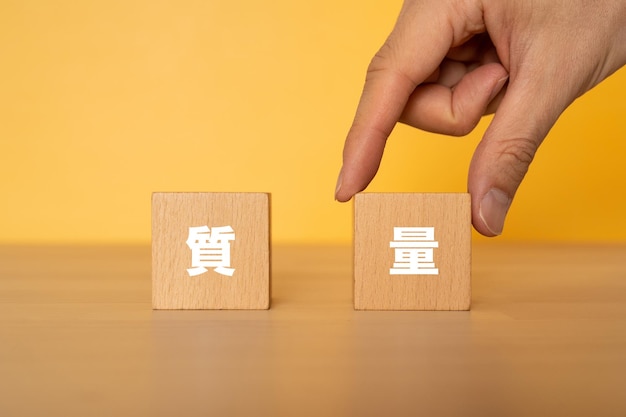 Foto houten blokken met ryo-tekst van concept en een hand