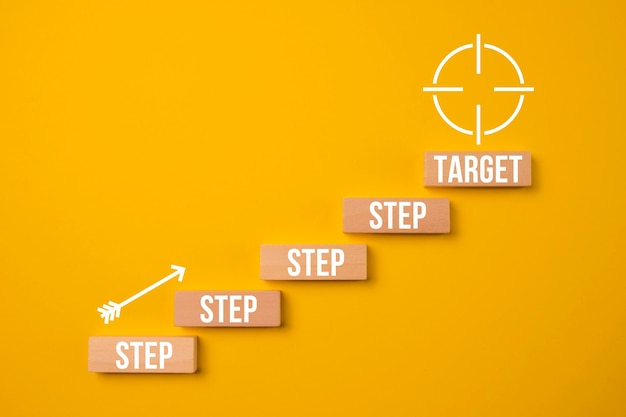 Houten blokken met woorden stap en doel Trap omhoog als een symbool van loopbaangroei