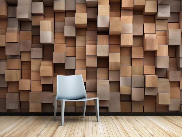 Foto houten blokken muur met een minimalistische stoel ervoor