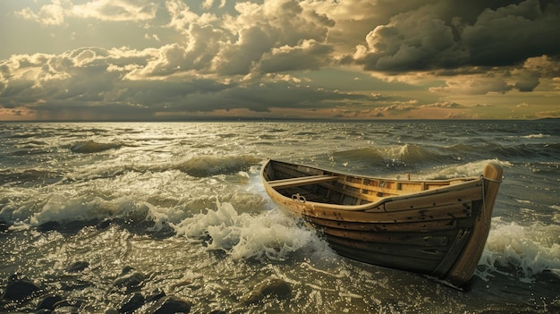 Houten boot die de tumultueuze golven van de zee onder stormachtige lucht bestrijdt en kracht en veerkracht oproept