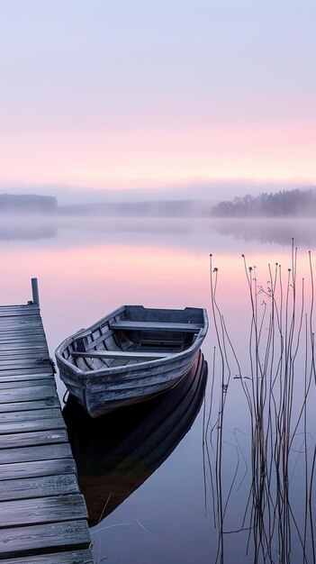 Houten boot op een steiger op een rustig dageraad meer het concept van rust en eenzaamheid