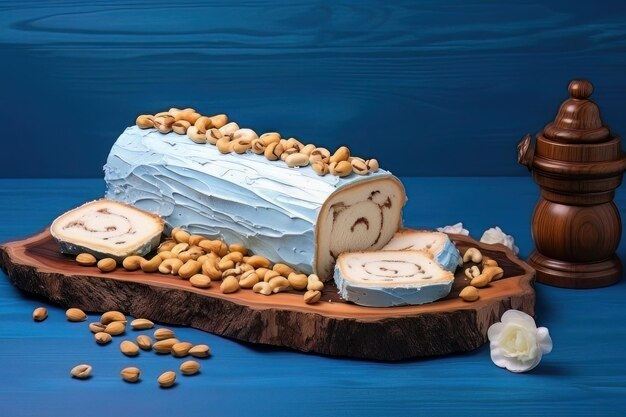 Houten bord met gesneden rolcake en pinda's