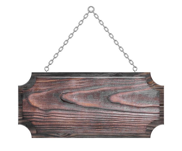 Houten bord met lege ruimte voor jouw ontwerp, hangend aan een ketting op een witte achtergrond. 3D-rendering