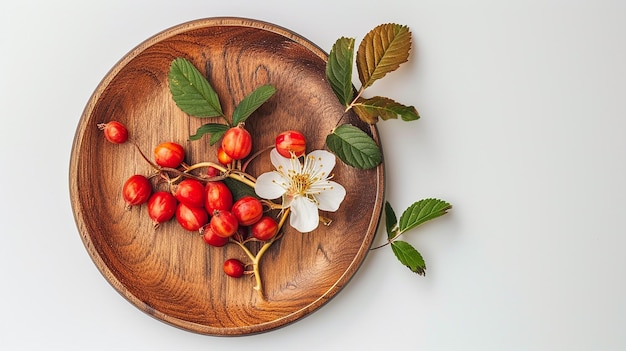 Houten bord met verse rozenbessen en bloemen