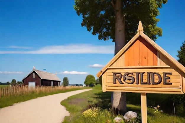 Houten bord van Roskilde op een mooie dag